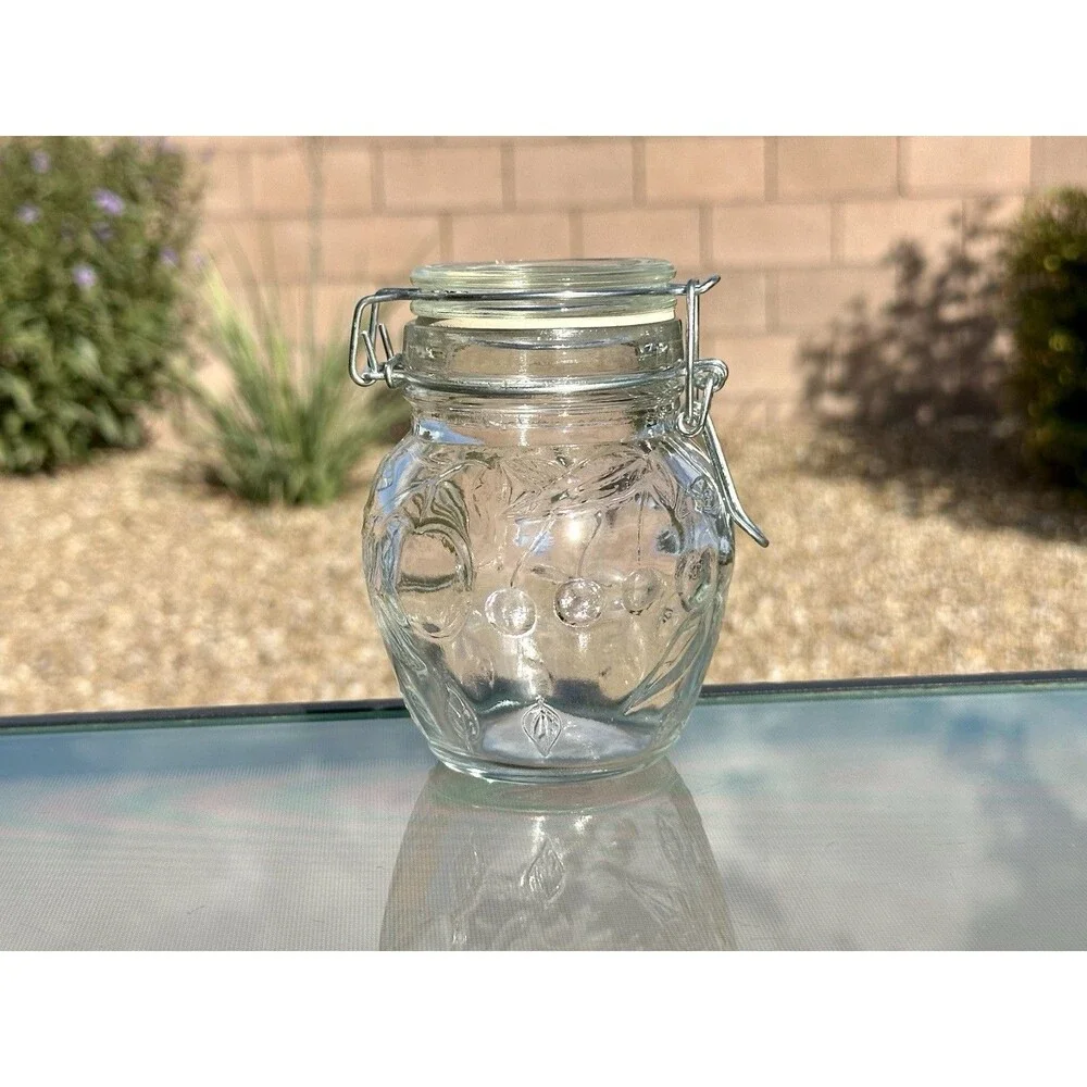 Embossed Vintage Glass Jar With Locking Lid Mason Style Jar, Canning Fruit Motif